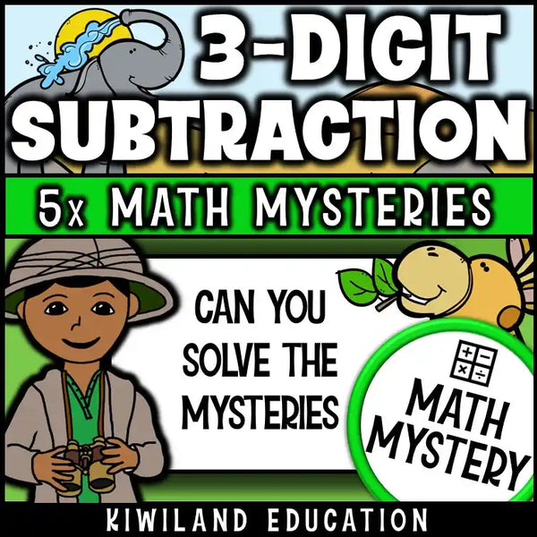 Subtraction worksheet pack featuring colorful zoo animals and puzzles