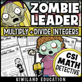 Printable multiplying and dividing integers CSI Math Mystery worksheet set for grades 6–9