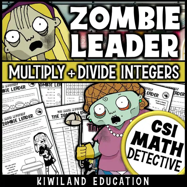 Printable multiplying and dividing integers CSI Math Mystery worksheet set for grades 6–9