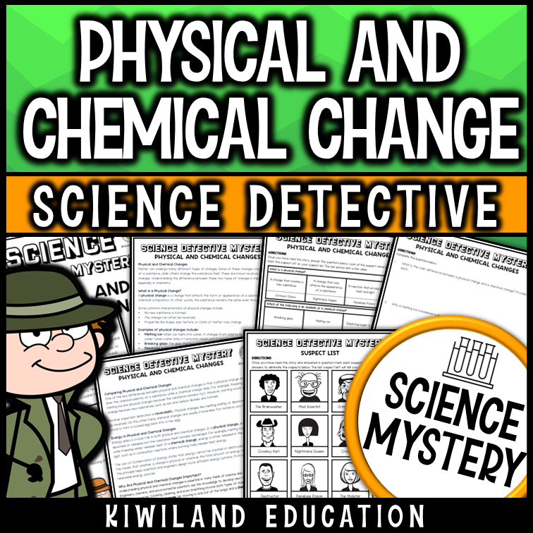 Printable reading mystery activity on physical and chemical changes for middle school science