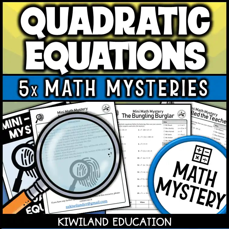 Quadratic equations math mystery with puzzles and suspect clues