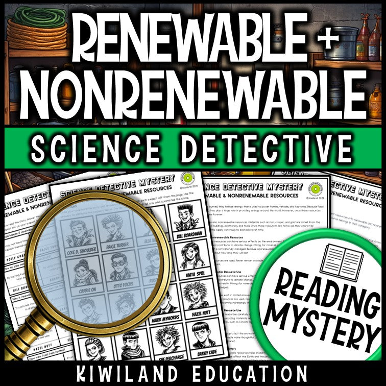 Renewable resources reading mystery comprehension questions worksheet with suspect line-up