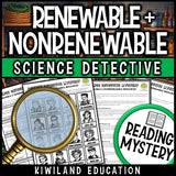 Renewable resources reading mystery comprehension questions worksheet with suspect line-up