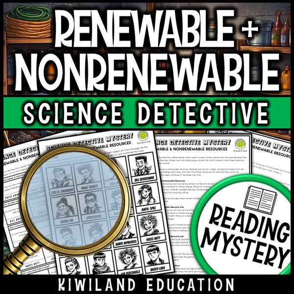 Renewable resources reading mystery comprehension questions worksheet with suspect line-up