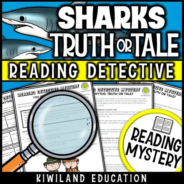 Ocean-themed nonfiction reading passage about shark facts with comprehension questions and student tasks