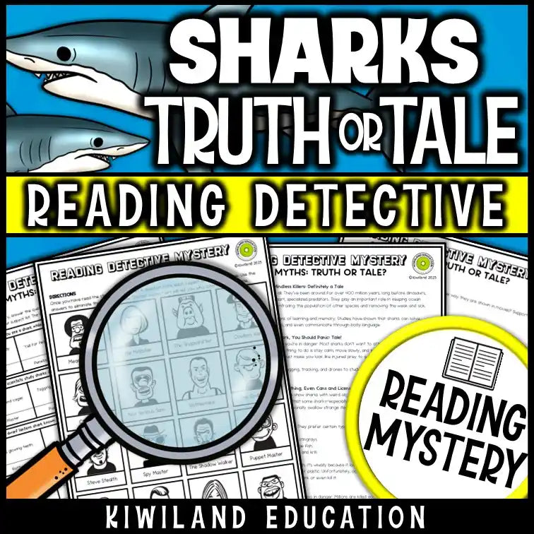 Shark Week classroom resource with myth-busting reading text and open-ended response questions