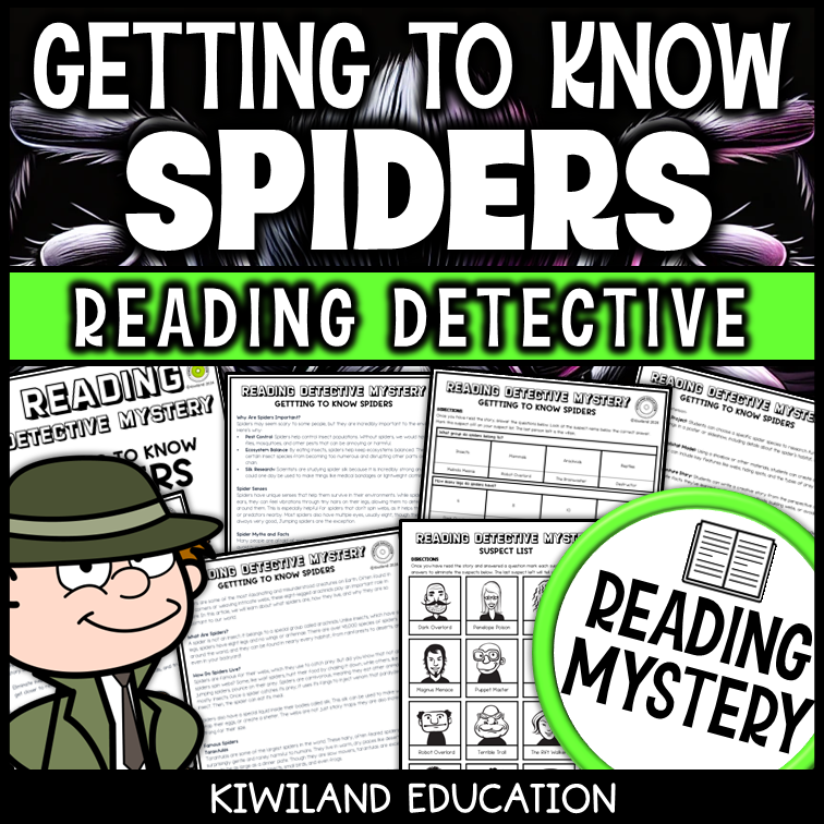 Spider science reading mystery with comprehension questions and text-based clues