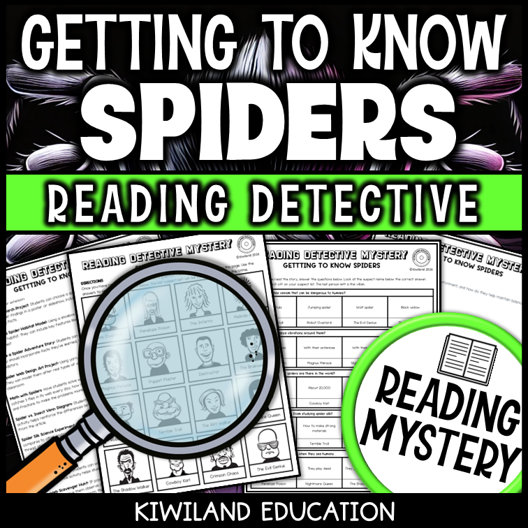Science passage and vocabulary-based mystery worksheet focused on spider facts