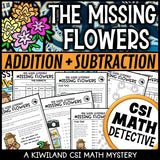 Spring CSI Math Mystery worksheets for 3rd and 4th grade addition and subtraction practice