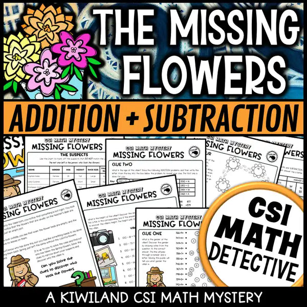 Spring CSI Math Mystery worksheets for 3rd and 4th grade addition and subtraction practice