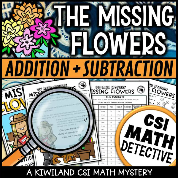 Printable spring math detective activity with regrouping problems and suspect elimination