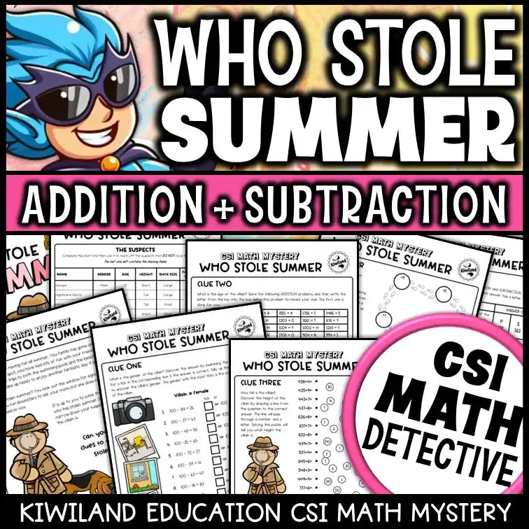 Summer addition and subtraction CSI math mystery worksheets for grades 2–4