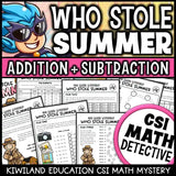 Summer addition and subtraction CSI math mystery worksheets for grades 2–4