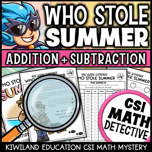 Printable summer math detective activity with 3-digit regrouping problems