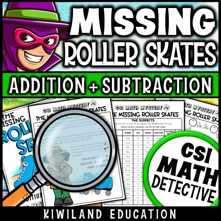 Summer-themed math mystery story page and suspect list