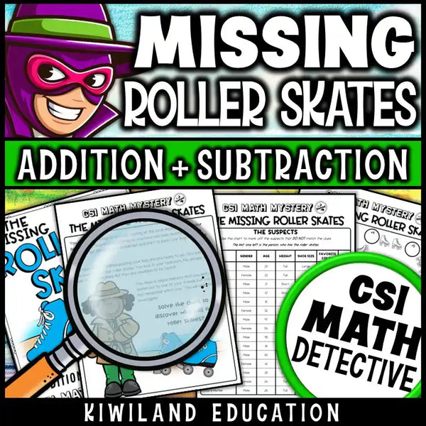 Summer-themed math mystery story page and suspect list