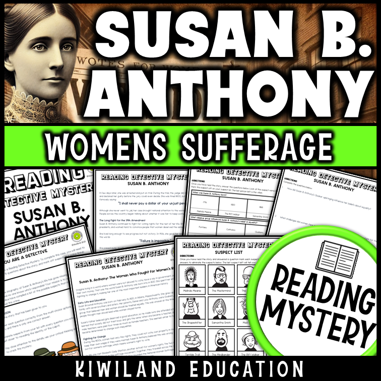 Printable Susan B. Anthony reading mystery activity for Women’s History Month