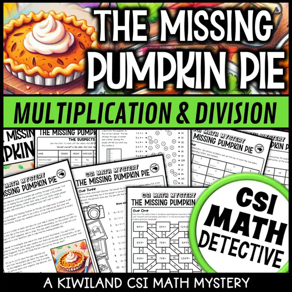 Thanksgiving CSI Math Mystery printable with multiplication and division for grades 3–6