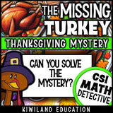 Clue-solving suspect chart from a Thanksgiving math mystery worksheet
