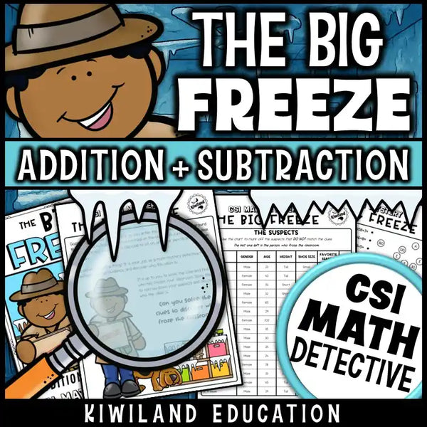 Fun winter math activity with suspect list and detective clues for 2nd to 4th grade