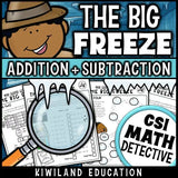 Color and black-and-white versions of CSI Math Mystery for frozen-themed math review