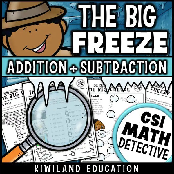 Color and black-and-white versions of CSI Math Mystery for frozen-themed math review