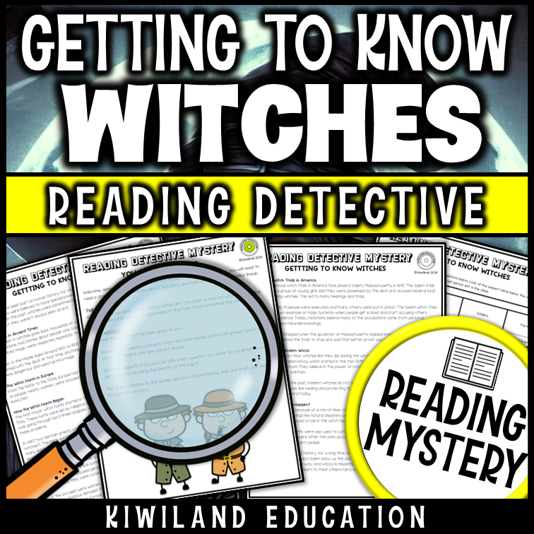 Printable reading mystery worksheet with suspect line-up and detective clues