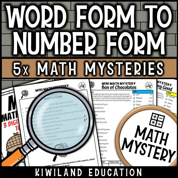Printable math mystery with number form recognition and place value clues