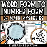 Printable math mystery with number form recognition and place value clues