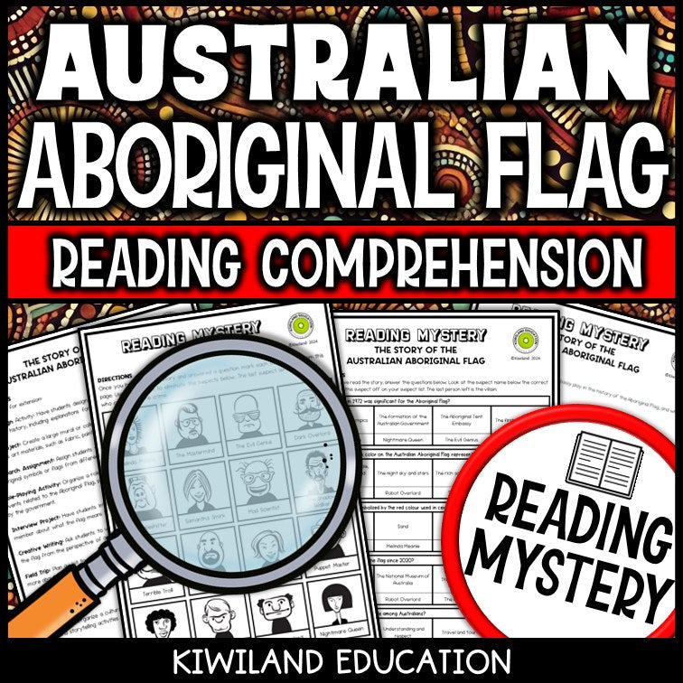 Aboriginal flag reading mystery comprehension questions worksheet with suspect line-up