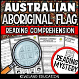 Aboriginal flag reading mystery comprehension questions worksheet with suspect line-up