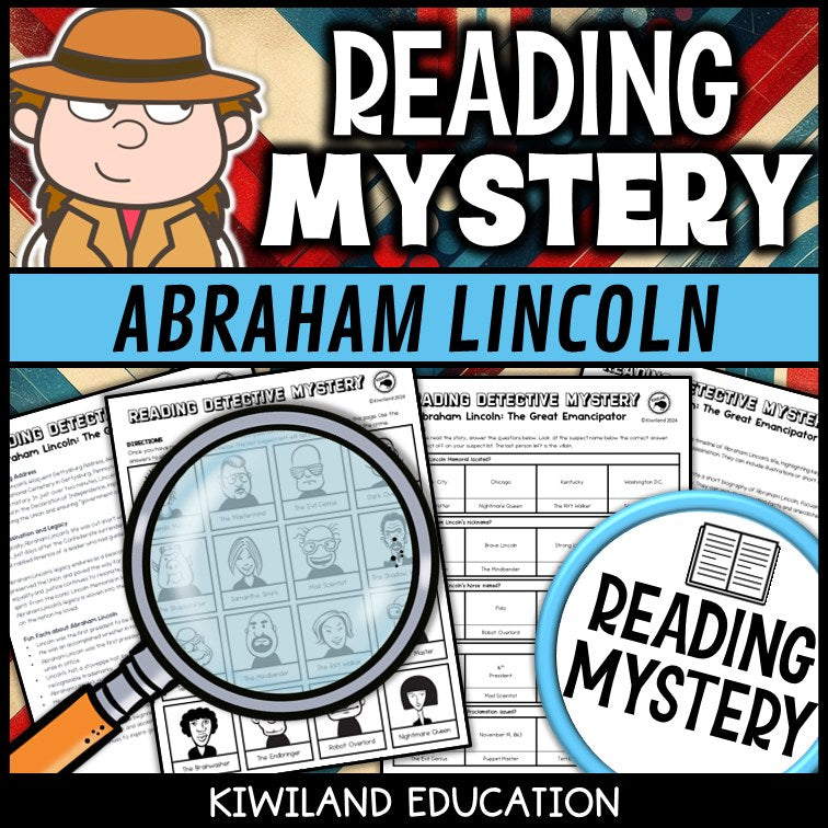 Abraham Lincoln reading mystery comprehension questions worksheet with suspect line-up