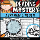 Abraham Lincoln reading mystery comprehension questions worksheet with suspect line-up