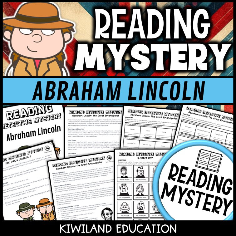 Abraham Lincoln reading mystery comprehension activity cover for grades 3-6 Presidents Day