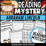 Abraham Lincoln reading mystery comprehension activity cover for grades 3-6 Presidents Day