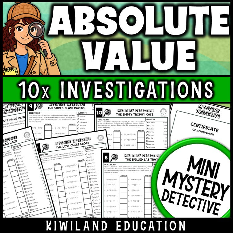 Absolute value with decimals and fractions worksheets printable detective activity