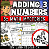 Adding three 2-digit numbers with regrouping Mini Math Mystery worksheets, detective cover grades 2-3