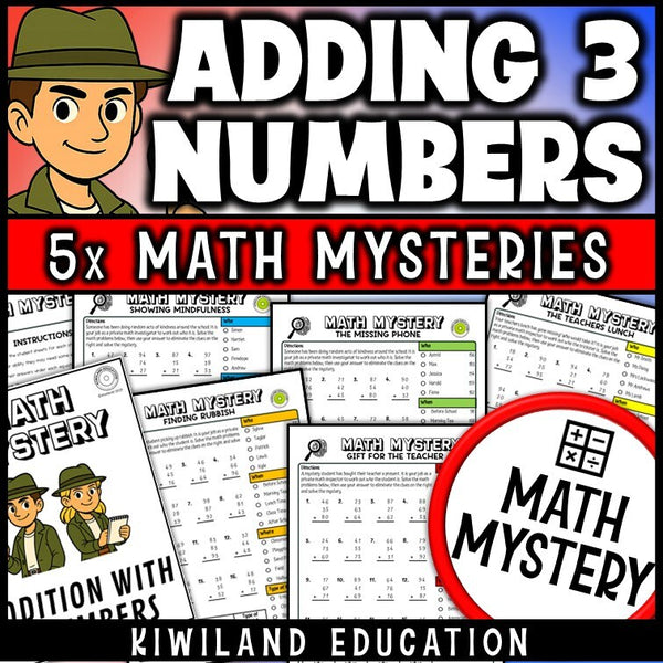 Adding three 2-digit numbers with regrouping Mini Math Mystery worksheets, detective cover grades 2-3
