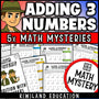 Adding three 2-digit numbers with regrouping Mini Math Mystery worksheets, detective cover grades 2-3
