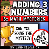 Can you solve the mystery, printable adding 3 two-digit numbers math activity