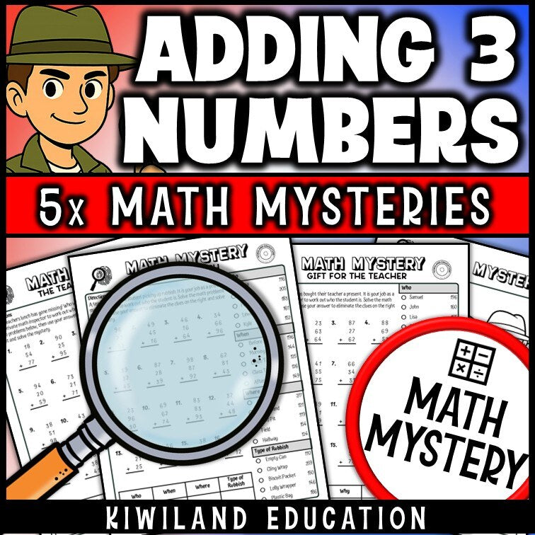 Multi-clue elimination page for adding three 2-digit numbers with regrouping