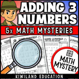 Multi-clue elimination page for adding three 2-digit numbers with regrouping
