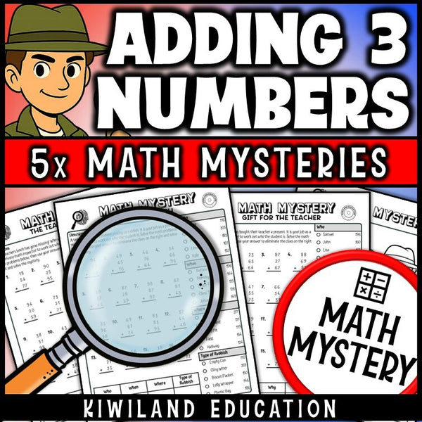 Multi-clue elimination page for adding three 2-digit numbers with regrouping