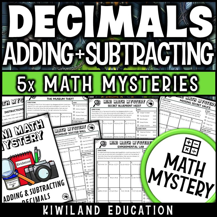 Adding and Subtracting Decimals Math Mystery worksheets cover - 5 printable detective cases