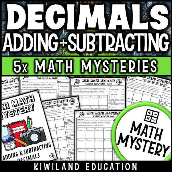 Adding and Subtracting Decimals Math Mystery worksheets cover - 5 printable detective cases