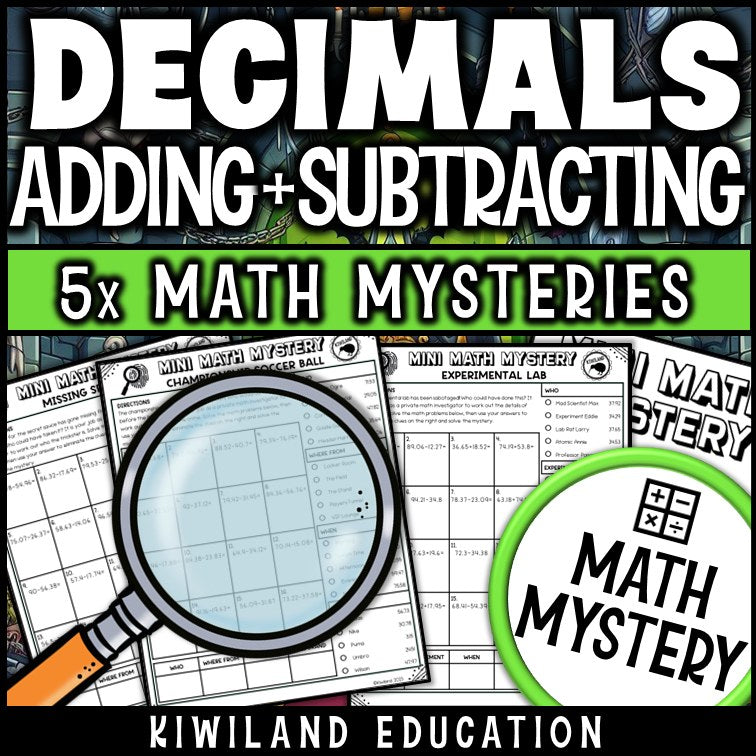 Decimal addition and subtraction detective math mystery printable activity