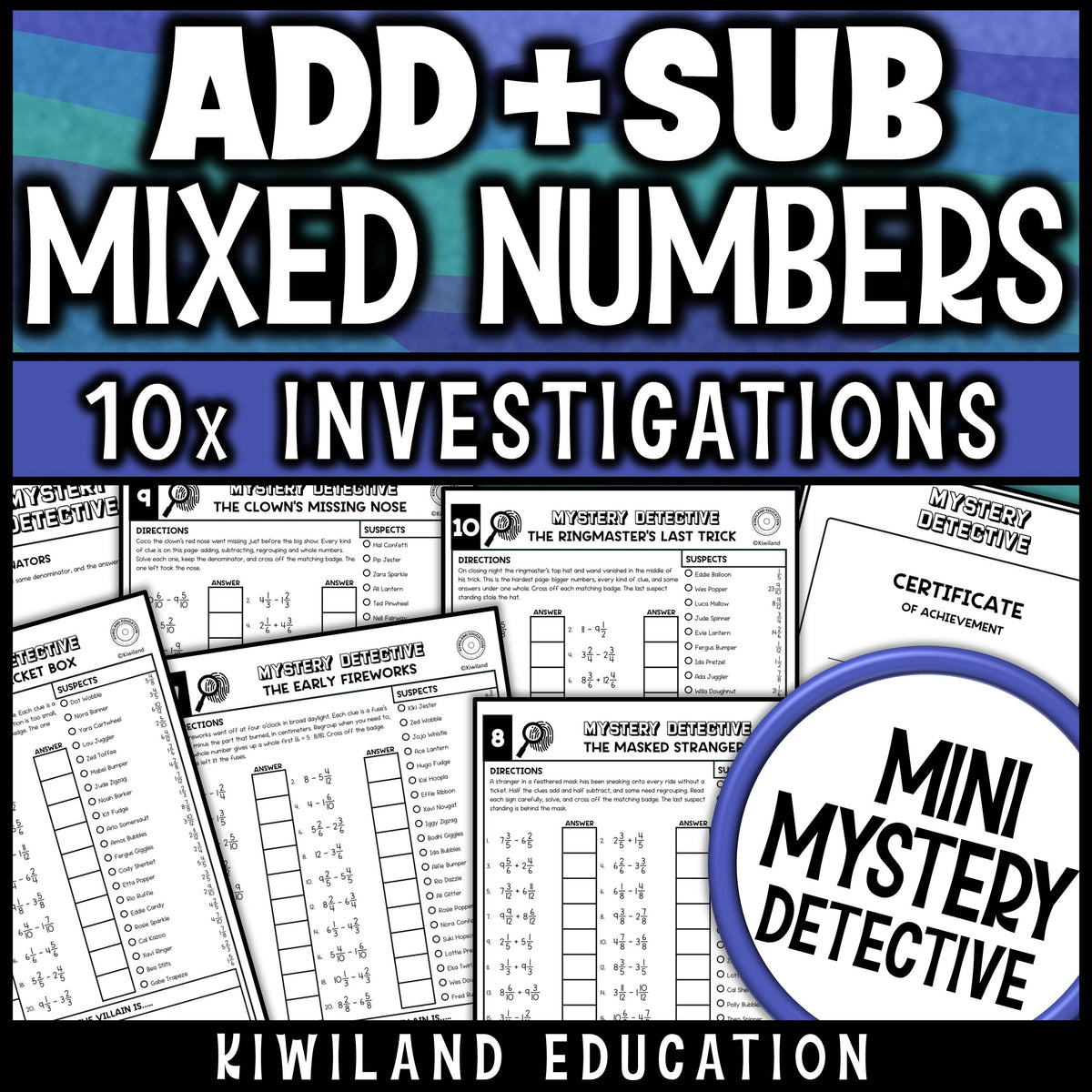 Adding and subtracting fractions with like denominators practice pages with mixed numbers, regrouping and a certificate of achievement