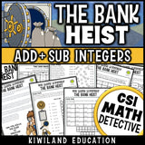 Adding and subtracting integers worksheets with positive and negative numbers, CSI Math Mystery bank heist