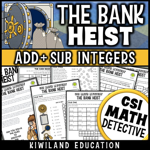 Adding and subtracting integers worksheets with positive and negative numbers, CSI Math Mystery bank heist