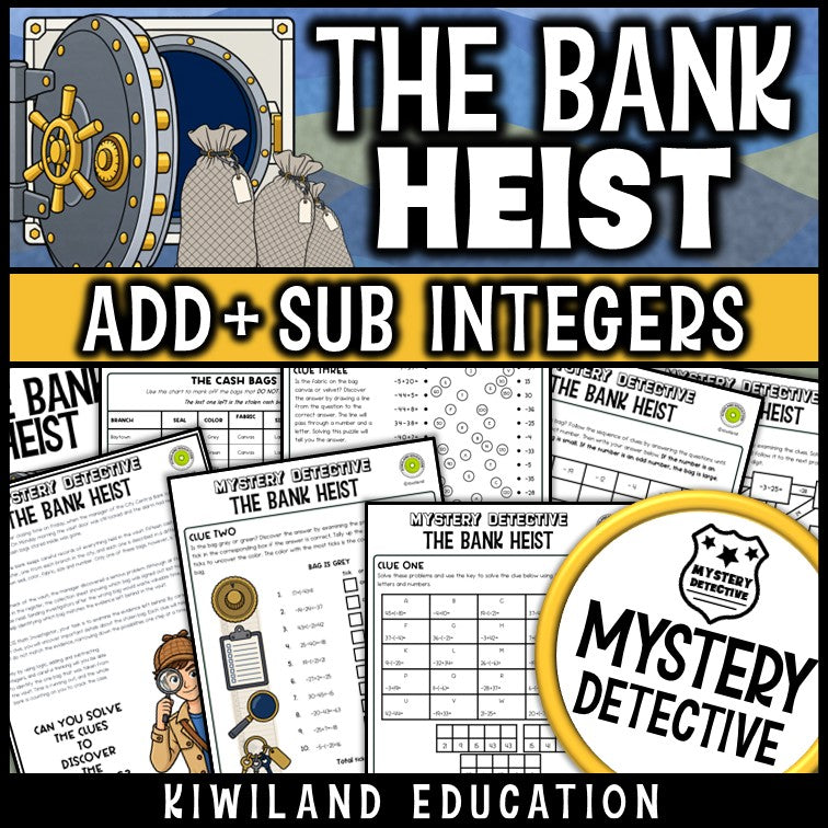 Adding and subtracting integers worksheets positive negative numbers mystery detective bank heist